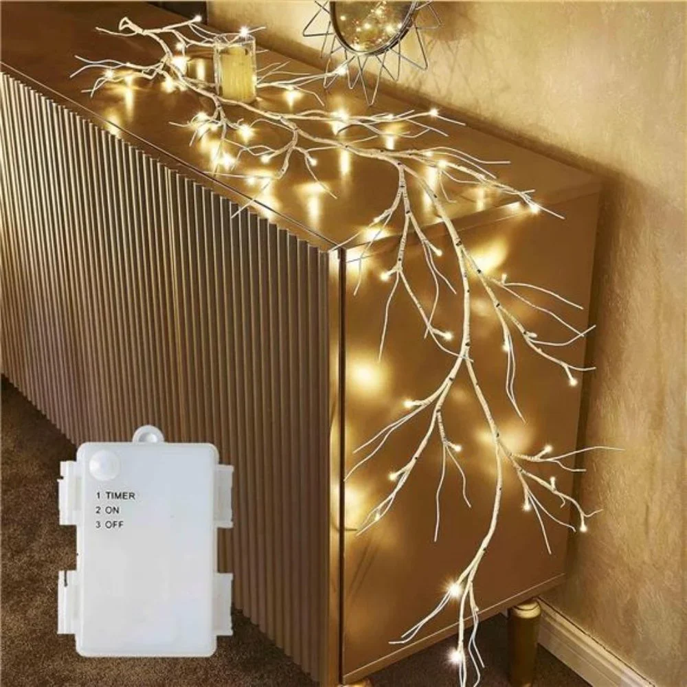 Birch Garland with Lights 6FT 48LED BatteryOperated,Lighted Twig Vine with Timer